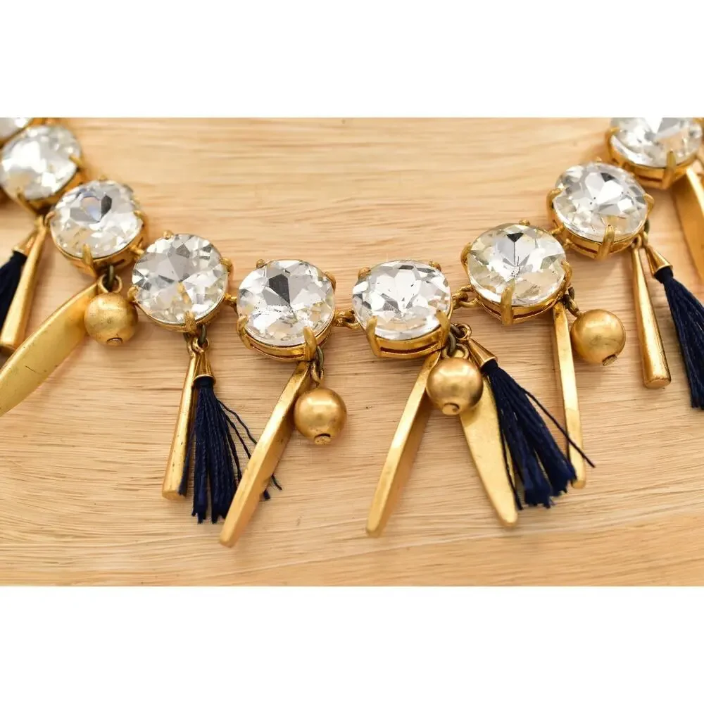 Ann Taylor Vintage Crystal Collar Necklace Dangle Navy Brushed Gold Chunky BinBL